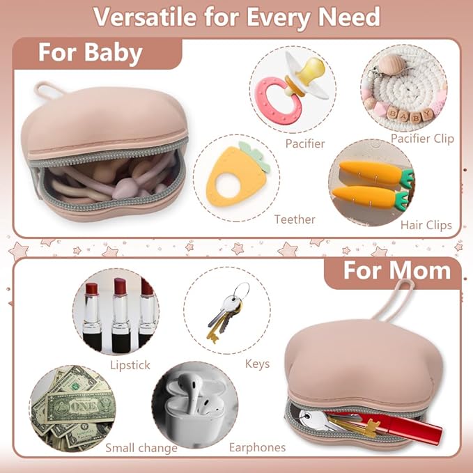 4 Pack Pacifier Holder Case,2pcs Silicone Portable Pacifier Pouch and 2pcs Transparent Nipple Holder Case Container, On-the-GO Pacifier Storage Container Box,BPA Free, Easy to Clean（Pink&Khaki）