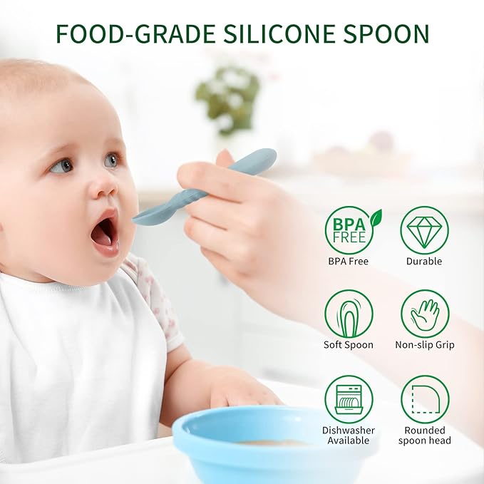 ME.FAN Silicone Baby Feeding Spoons 6 Pack First Stage Infant Spoons - Baby Utensils Soft Training Spoon Self Feeding - Chew Spoon Set for Babies and Toddlers Bright