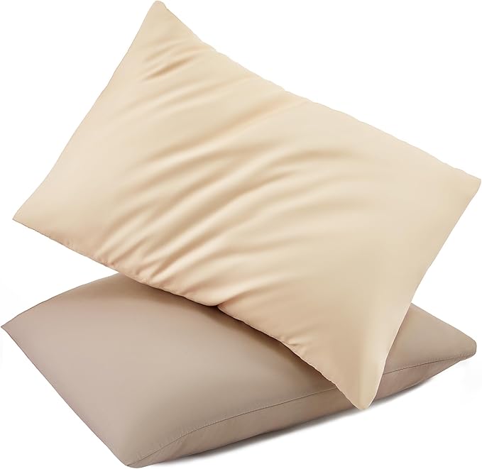 TILLYOU Toddler Pillowcase 2 Pack with Envelope Closure,13" x 18" Silky Soft Microfiber Travel Kids Pillowcase for Boys and Girls, Khaki & Brown