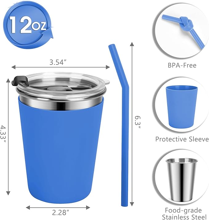 Kids Cups with Straws and Lids, 5 Pack 12oz Spill Proof Toddlers Straw Cup with Lid, Stainless Steel Kid Cups with Lids for School, Outdoor, Multicolor