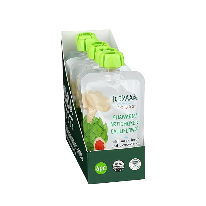 Kekoa Foods Shawarma, Artichoke & Cauliflower Baby Food Purée | 100% USDA Certified-Organic Vegetarian Squeeze Pouch | Organic, Non-GMO, Gluten-Free, Vegan | Nutritious First Food for Babies | 3.5 oz