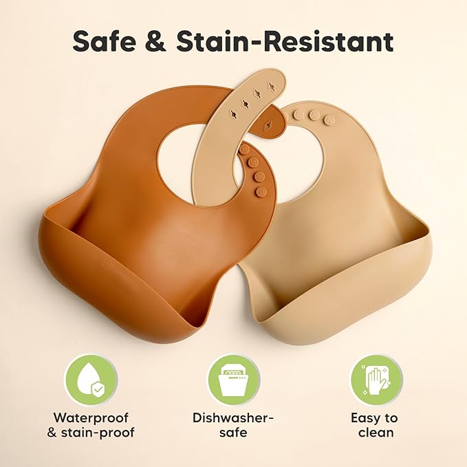 KeaBabies 2-Pack Silicone Baby Bibs for Eating - Sturdy Food-Grade Silicone Bibs for Babies Girl, Boy, Large Food Catcher, Clean & Put On Easily, Waterproof Toddler Feeding Essentials (Terracotta)