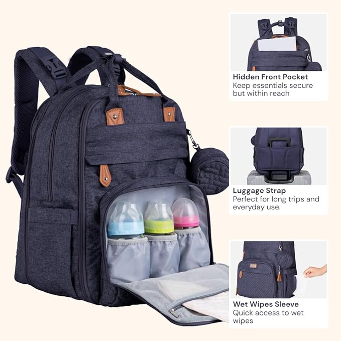 BabbleRoo Extra Large Diaper Bag Backpack, Expandable Baby Bag with Up to 50% More Capacity - Travel Essentials Baby Bag Tote with Changing Pad, Stroller Straps & Pacifier Case - Unisex, Denim Blue