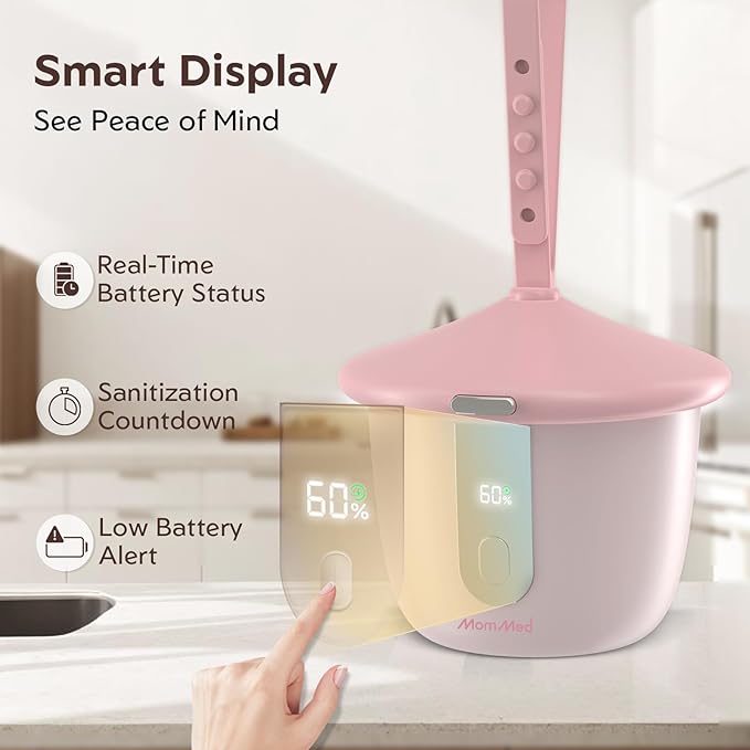 MomMed Portable Pacifier Sanitizer with Smart Display, Dual 60/180s Disinfection Modes, Auto Shut-Off, UV Pacifier Holder Case for Baby Pacifiers, Teethers, Bottle Nipples and More(Pink)