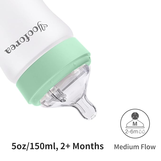 Yooforea Silicone Coated Glass Baby Bottle, 2M+ Medium Flow Nipple I Anti-Colic, Wide Neck, Stable Base I Medical-Grade Silicone Coating for Shatter Protection, BPA BPS PVC Free (2 Pack, 5 Ounce-Tea)