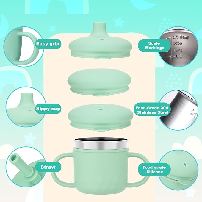 BUSOHA Stainless Steel Sippy Cups for 6+ Month Old - 3 IN 1 Silicone Sippy Cup Toddlers Baby Straw Cup with Brush,Lid and Silicon Straw Kids Anti-Drop Spill Proof Cups for Travel,8 oz,Green