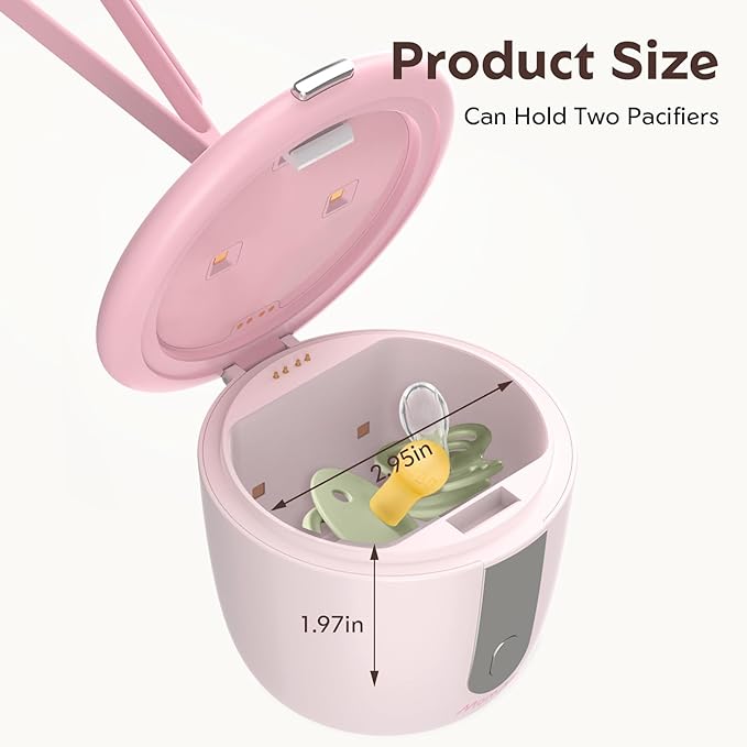 MomMed Portable Pacifier Sanitizer with Smart Display, Dual 60/180s Disinfection Modes, Auto Shut-Off, UV Pacifier Holder Case for Baby Pacifiers, Teethers, Bottle Nipples and More(Pink)