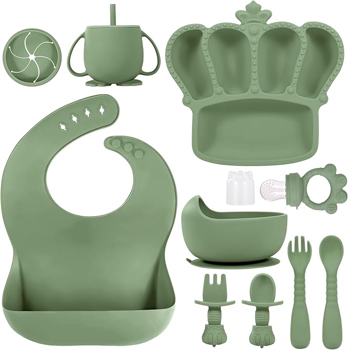 BXLL Olive Green 10 Pcs Baby Led Weaning Supplies - Silicone Baby Feeding Set with Suction Bowl, Divided Plate, Bibs, Fruit Feeder, Pacifier, Spoons, Forks, Sippy Cup & Snack Cup