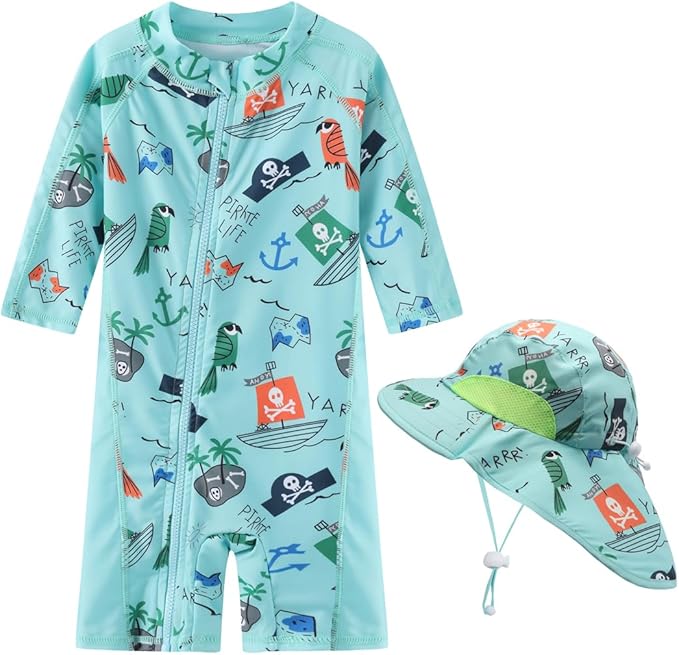 Toddler Baby Boys Swimsuit Rashguard One Piece Zipper Bathing Suit with Sun Hat Infant Swimwear Sunsuit UPF 50+