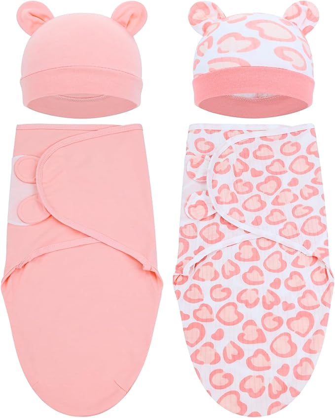 Cinaci 2 Pack Adjustable Soft Cotton Blend Newborn Baby Receiving Swaddle Blankets Sleep Sacks with Nursery Hats Caps Beanies Bonnets for Baby Girls Boys Newborns Infants