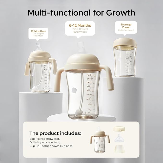 Bc babycare Sippy Cup Learner for 6+ Month Old with Nipples & Handles, Spill Proof Sippy Cup, Weighted Straw Toddler Cups, Anti-Choking Baby Cups 2 Packs, Beige