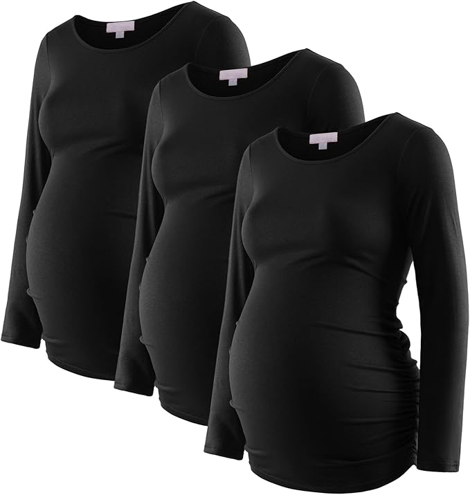 Bhome Women's Maternity Shirts 3 Packs Long Sleeve Pregnancy Tops Basic Side Ruched Tunic Blouse