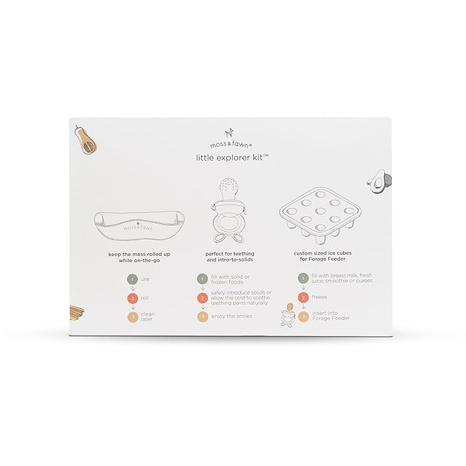 Moss and Fawn Little Explorer Kit - Silicone Frozen Breast Milk Popsicle Kit with Forage Feeder, Teething Popsicle Ice Cube Tray, & Gather & Roll Baby Feeding Bib - BPA, PVC, & Lead-Free - Ecru