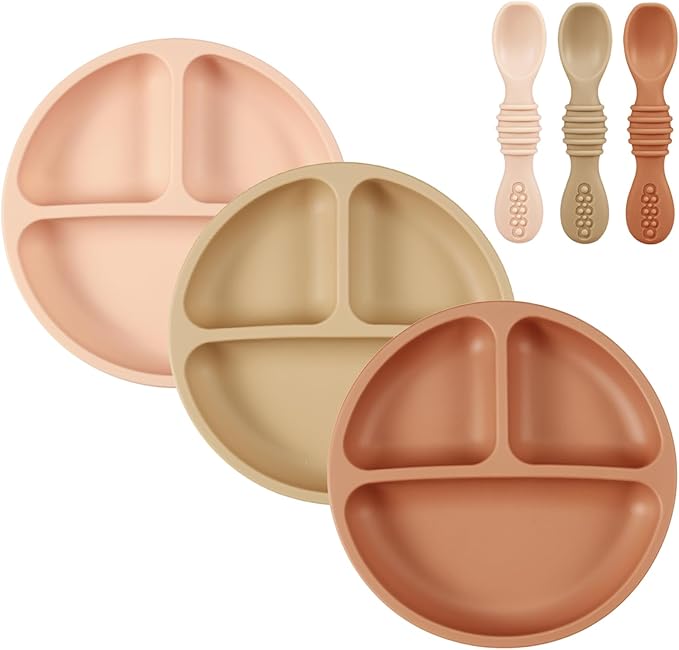 PandaEar 3 Pack Toddler Plates with 3 Spoons, 100% Silicone Divided Suction Plate for Babies, BPA-Free, Dishwasher and Microwave Safe -Pink/Brown/Brick red