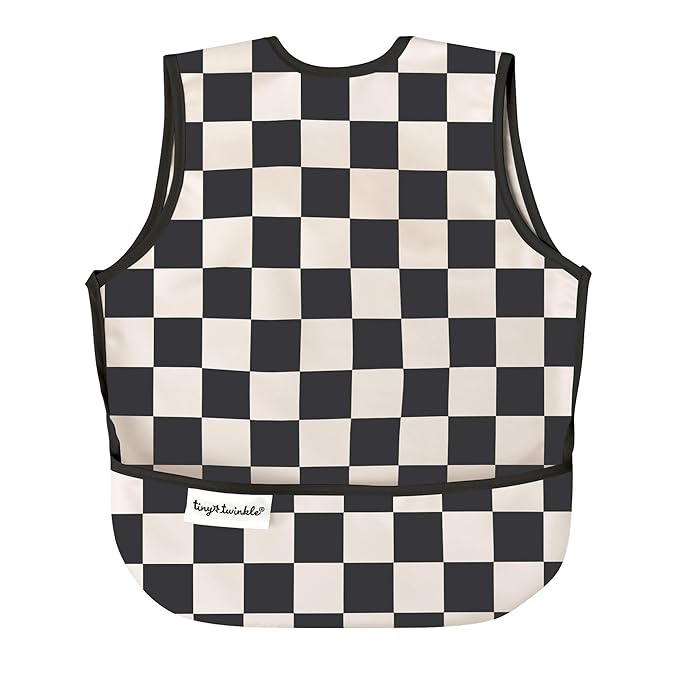 Twinkle Short Sleeve Apron Baby & Toddler Bib – Waterproof, Mess-Proof Bibs for Eating & Feeding, Machine Washable, Perfect Holiday Gift (Black Checkers, 2-4Y)