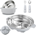 Stainless Steel Baby Plates with Suction, Toddler Plates with Removable Silicone Shell for Kids, Non-Slip Toddler Baby Feeding Set, Forks + Spoons Included-Gray