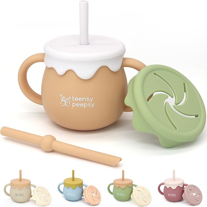 Honey Jar Pot 3-in-1 Silicone Training Cup 8.5oz, Unisex Baby Sippy Cup with Straw & Snack Lid for 6 months+ Break Resistant Open Cup for Toddler Smoothie Drinkware (Harvest Wood)
