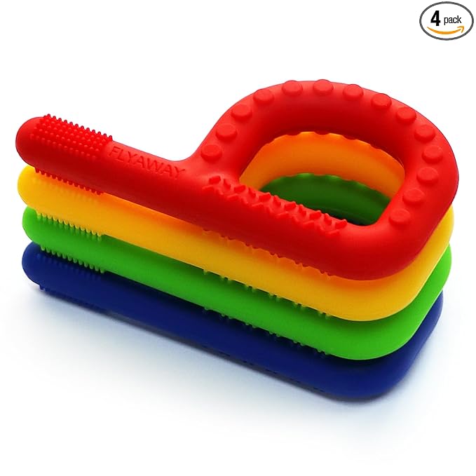 Flyaway Sensory Chew Toys for Kids 4 Pack, Teething Tubes for Babies Toddlers, Soft Silicone Teether Toys, Chew Sticks for ADHD/SPD/Anxiety/Autism, Refrigerator and Dishwasher Safe
