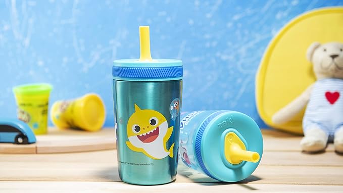 Zak Designs Baby Shark Kelso Tumbler Set, Leak-Proof Screw-On Lid with Straw, Bundle for Kids Includes Plastic and Stainless Steel Cups with Bonus Sipper (3pc Set, Non-BPA) (Pack of 12)