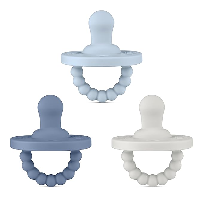 Ryan & Rose Cutie PAT All-in-One Pacifier and Teether Massaging Teething Ring and Hideaway Binky for Growing Babies (Prep (3 Pack), Flat)