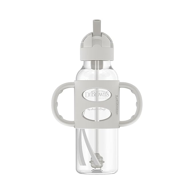 Dr. Brown's Milestones Narrow Sippy Straw Bottle, Spill-Proof with 100% Silicone Handles and Weighted Straw, 8 oz/250 mL, Gray & Green, 6m+