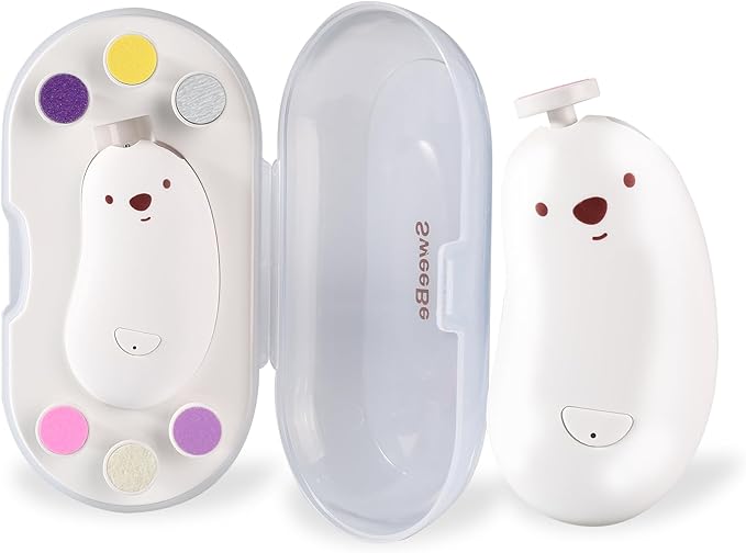 Baby Nail File Electric, Gentle Rechargeable Nail Trimmer, Baby Nail Clippers Grooming Kit Manicure Set for Infant Toddler or Adults, 6 Grinding Head Replacement Pads White