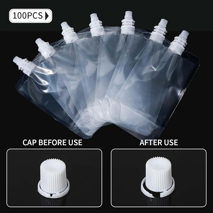 Meanplan 100 Pcs Plastic Pouches Bulk Reusable Squeeze Pouches Clear Plastic Juice Leak Proof Bags with Funnel for Party Favors Supplies(3.5 oz,Straight Mouth)