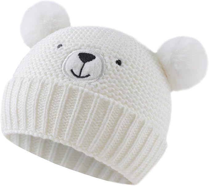 JANGANNSA Cute Bear Baby Beanie Pompom Baby Boys Hat Infant Toddler Winter Knitted Beanies for Girls