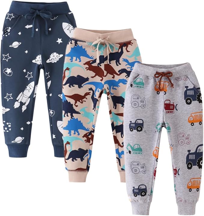 Boys Pants, Toddler 3 Pack Drawstring Elastic Sweatpants Cartoon Active Joggers