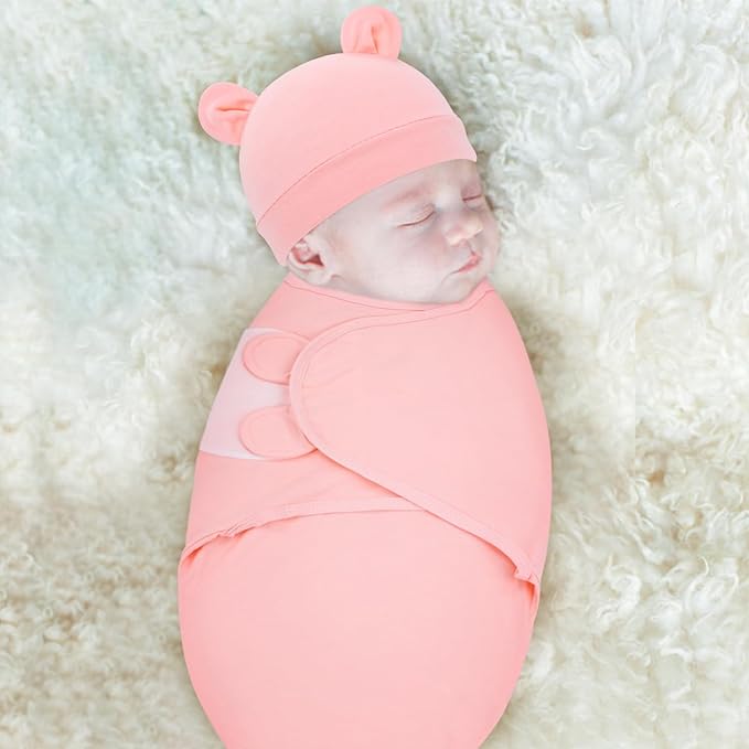 Cinaci 2 Pack Adjustable Soft Cotton Blend Newborn Baby Receiving Swaddle Blankets Sleep Sacks with Nursery Hats Caps Beanies Bonnets for Baby Girls Boys Newborns Infants