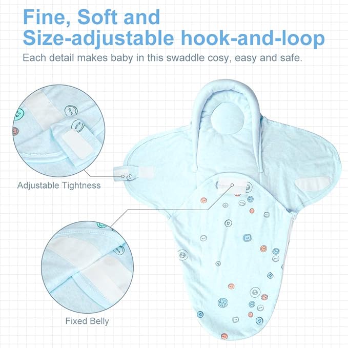 Premium Soft Cotton Baby Swaddle Blankets, Unisex Baby Blanket Wrap for Newborn Baby Boys Girls, Skin Friendly Wearable Swaddling Sleep Sack Calms Startle Reflex (Button, Blue, 3-6 Months)
