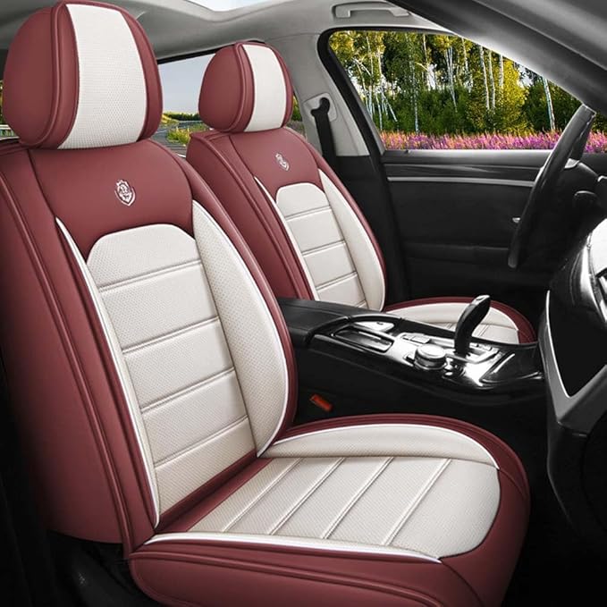 Leather Seat Cover for Ford Edge 2010-2026,Waterproof Soft Seat Covers,Interior Accessories Seat Covers Cushion Vehicle Protector Airbag Compatible(Red&White,Full Set)