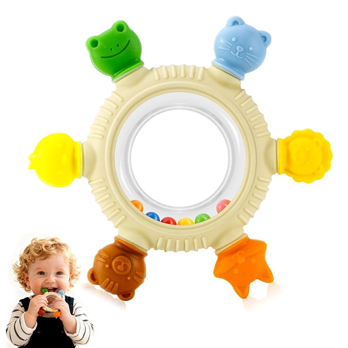 Baby Teething Toy for 0-6 6-12 Months Sensory Toys Baby Rattle Teether | Freezer Safe Silicone Teether | Silicone Baby Teething Ring for Teething Relief | BPA Free, Easy Grip Design for Infants