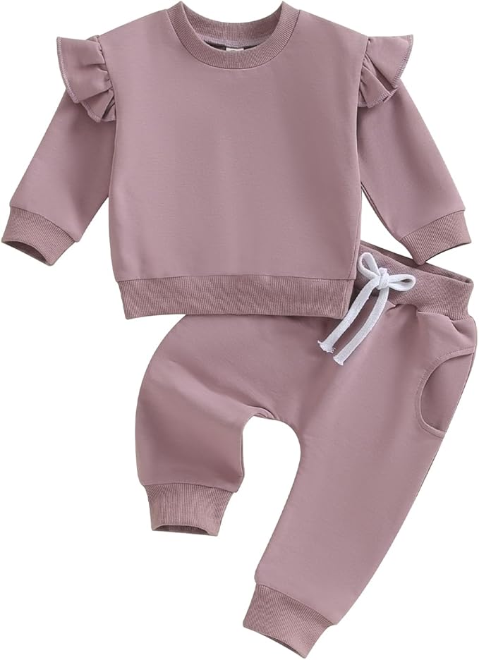 Fernvia Toddler Baby Girl Clothes 3 6 9 12 18 24 Months Fall Outfits Solid Long Sleeve Sweatshirt Tops + Pants Set