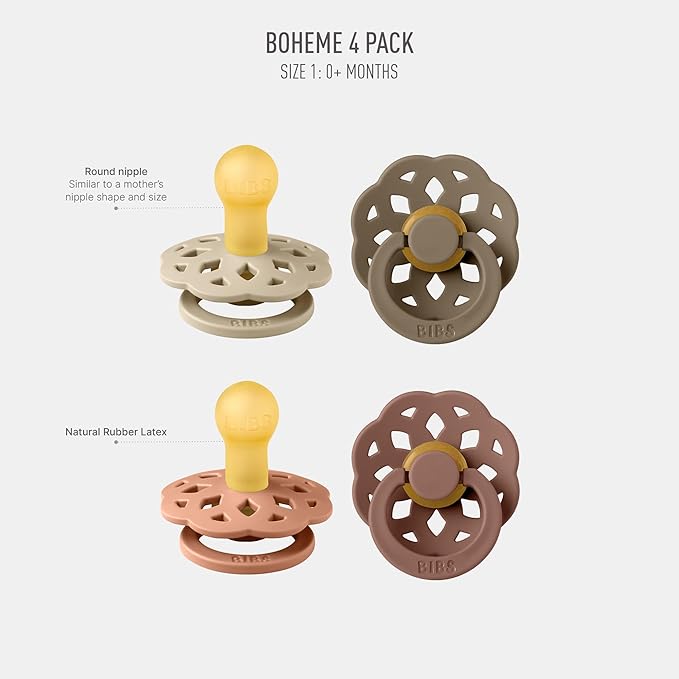 BIBS Boheme Soother 4-Pack. BPA Free Dummy Pacifier, Round Nipple. Natural Rubber Latex, Made in Denmark. 0-6 Months (Pack of 4), Peach Mix