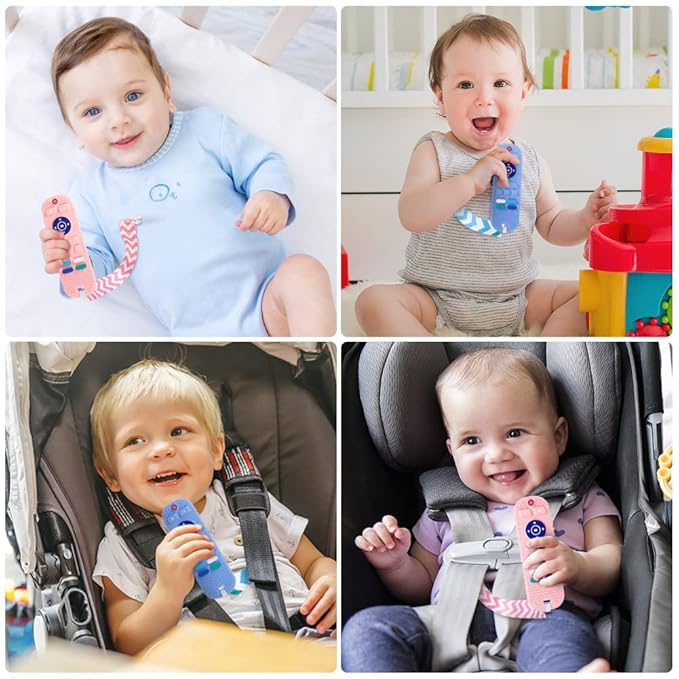 Aolso Baby Teether Toys, 2PCS Silicone Teething Toys, Remote Control Shape Teething Toys with 2PCS Pacifier Clip, Teething Relief Toys for Baby 3-24 Months, BPA-Free Baby Chew Toys(Bule&Pink)