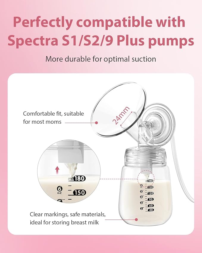 Breast Pump Parts Compatible with Spectra S1/S2/9 Plus, Not Original Accessories, Full Set Replacements Include 24mm Flanges, Valves, Backflow Protectors (Duckbills Included), Tubings and Bottles