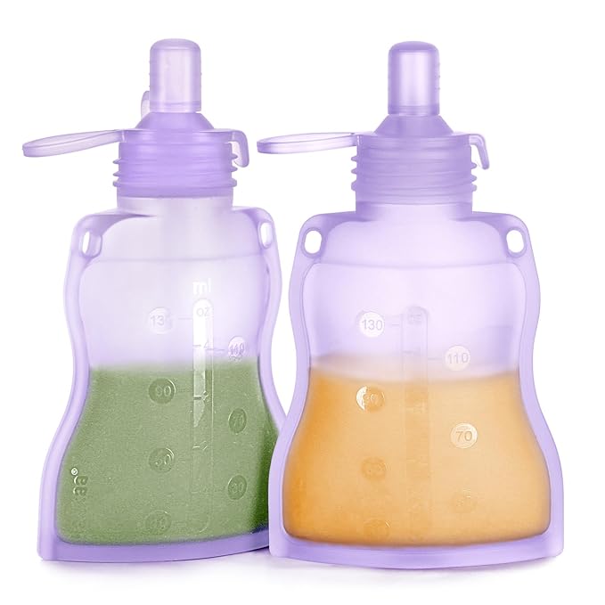 haakaa Yummy Pouch Reusable Baby Food Pouch, Reusable Pouches for Toddlers Kids Squeezable Pouch,Washable Freezer-Make Homemade Organic Food for Babies/Toddlers, 4oz, 2 Pack,6m+(Lavender)