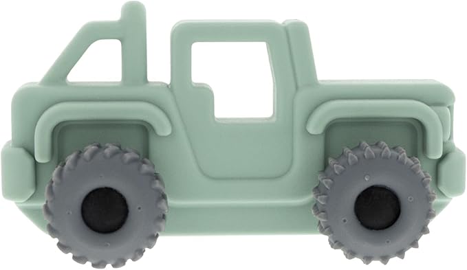 Nuby Silicone Teether Toy for Babies - Textured Teething Green Jeep Car with Moving Wheels - Soothes Sore Gums - Encourages Tactile Development and Hand-Eye Coordination - Ages 6+ Months
