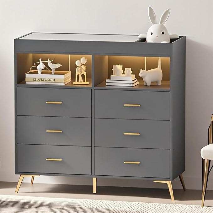 GarveeHome Dresser for Bedroom with 6 Drawers, Baby Changing Table Dresser with Changing Pad, LED Lights & Charging Station, Baby Changing Station with Changing Table Top