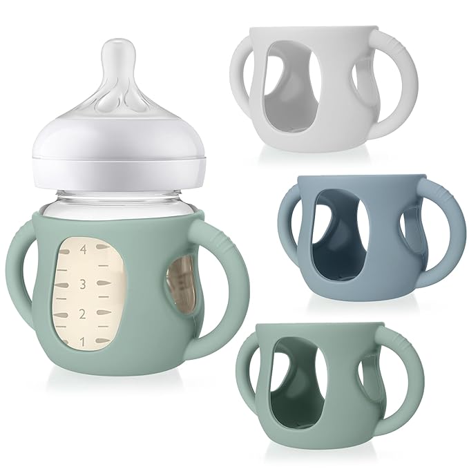 Juome Silicone Sleeves with Handles for Avent Natural Glass Baby Bottle - 3 Pack Anti Breakage Baby Bottles Holder, Compatible with Philips Avent Anti Colic Baby Bottles 4 oz