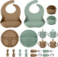 Silicone Baby Feeding Set, 18PCS Baby Led Weaning Supplies, Eating Essentials Utensils with Suction Plate and Bowl, Adjustable Silicone Bib, for 6+ Months (Green+Brown)
