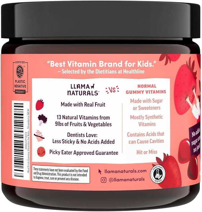 Llama Naturals Kids Multivitamin Gummies, Vegan, Organic with Vitamin D, C & K, Toddler Real Fruit Gummy Vitamins, Chewable Supplement, Whole Food Multivitamin, No Added Sugar Cane, Strawberry, 90 Ct