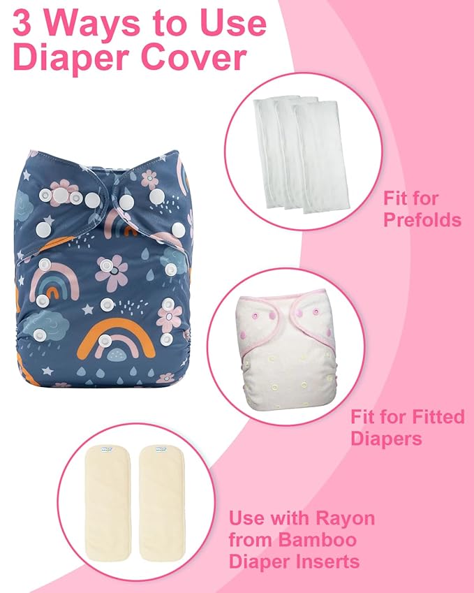 babygoal Cloth Diaper Covers 6 Pack with Wet Bag for Fitted Diapers and Prefolds with Double Gussets, Adjustable and Reusable for Baby Girls 6DCF16-B