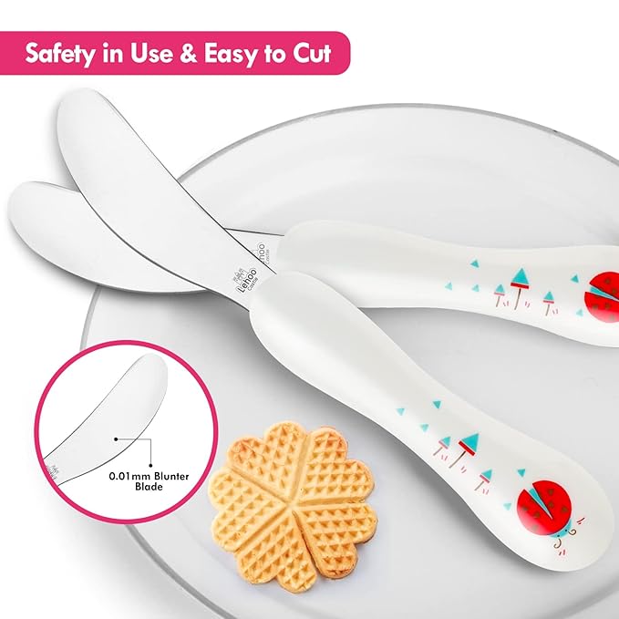 Lehoo Castle 6 Pieces Toddler Utensils, Kids Silverware for 2 3 4 Years Old, Stainless Steel Knife Fork and Spoon Set with Plastic Handle, Safe Toddler Cutlery (Pink)