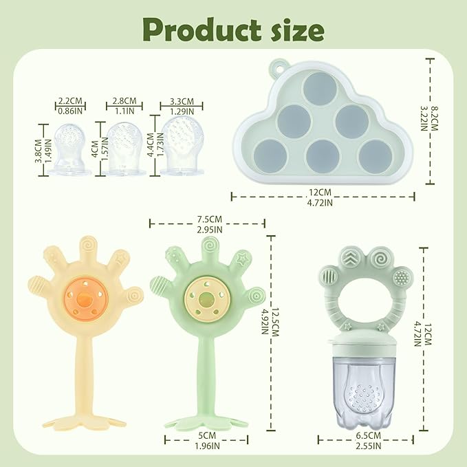 Baby Fruit Food Feeder Set and Teething Toys for Baby – 3 Size Silicone Fruit Feeder with Breastmilk Popsicle Freezer Molds, 2 Teethers for Teething Relief and Infant Self-Feeding