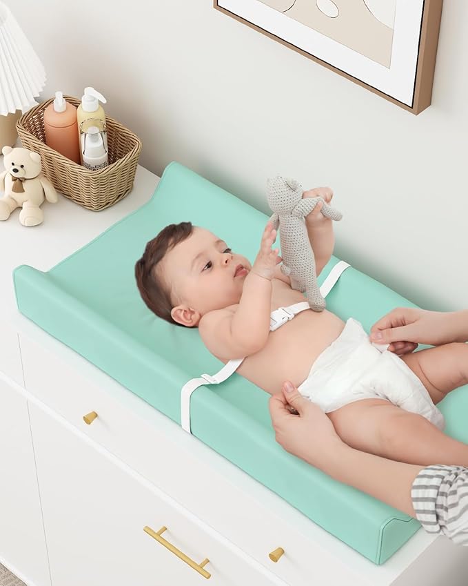 Wipeable Baby Changing Pad for Dresser and Table, Cozy Diaper Changing Pad with Waterproof & Wipe-Clean Leather Cover, Green
