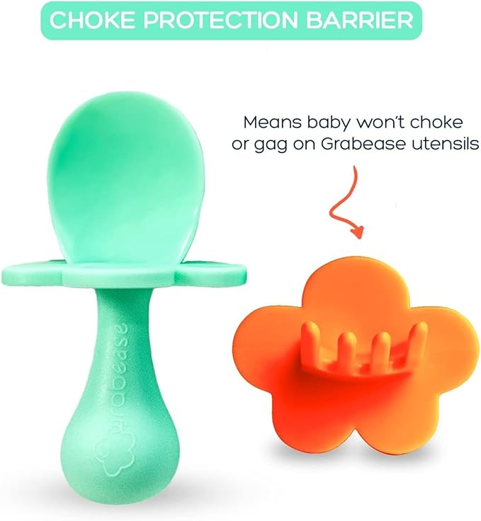 Grabease Baby Feeding Utensils Set - Infant and Baby Fork and Spoon for Ages 1-11 Months, BPAs and Phthalate-Free Cutlery, 2 Sets, Mint and Orange
