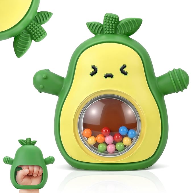Avocado Baby Teething Toys 3-6 6-12 Months, Baby Teething Mitten with Rattle, Newborn Silicone Teether Chew Toys for Infants 3 6 9 12 18 Months, Baby Shower Gifts for Boys Girls