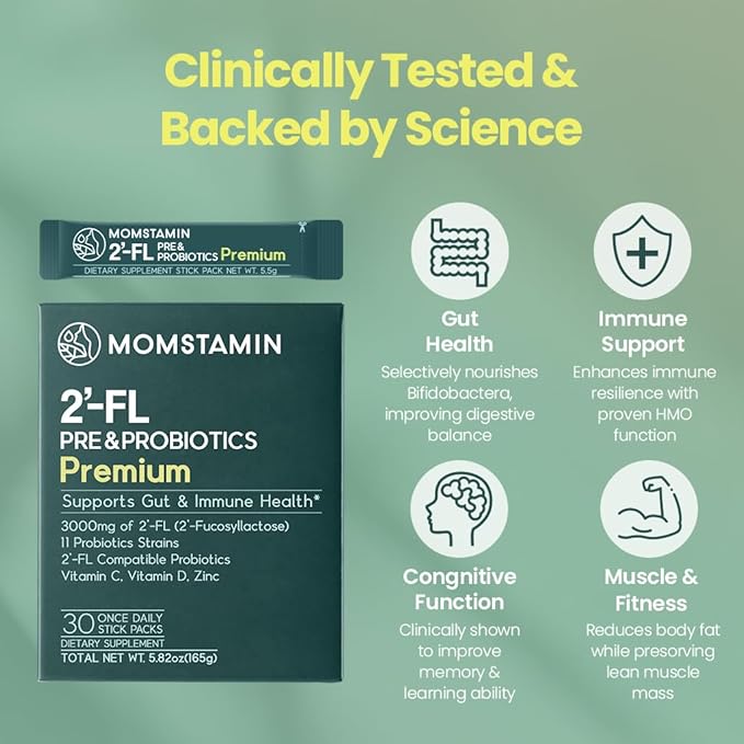 MOMSTAMIN Premium 3,000mg Human Milk Oligosaccharide (HMO 2'-FL) Prebiotic Probiotic Powder Supplement for Immunity Digestion Metabolism Gut Health, Clinically Researched (30 Sticks, 1 Month)